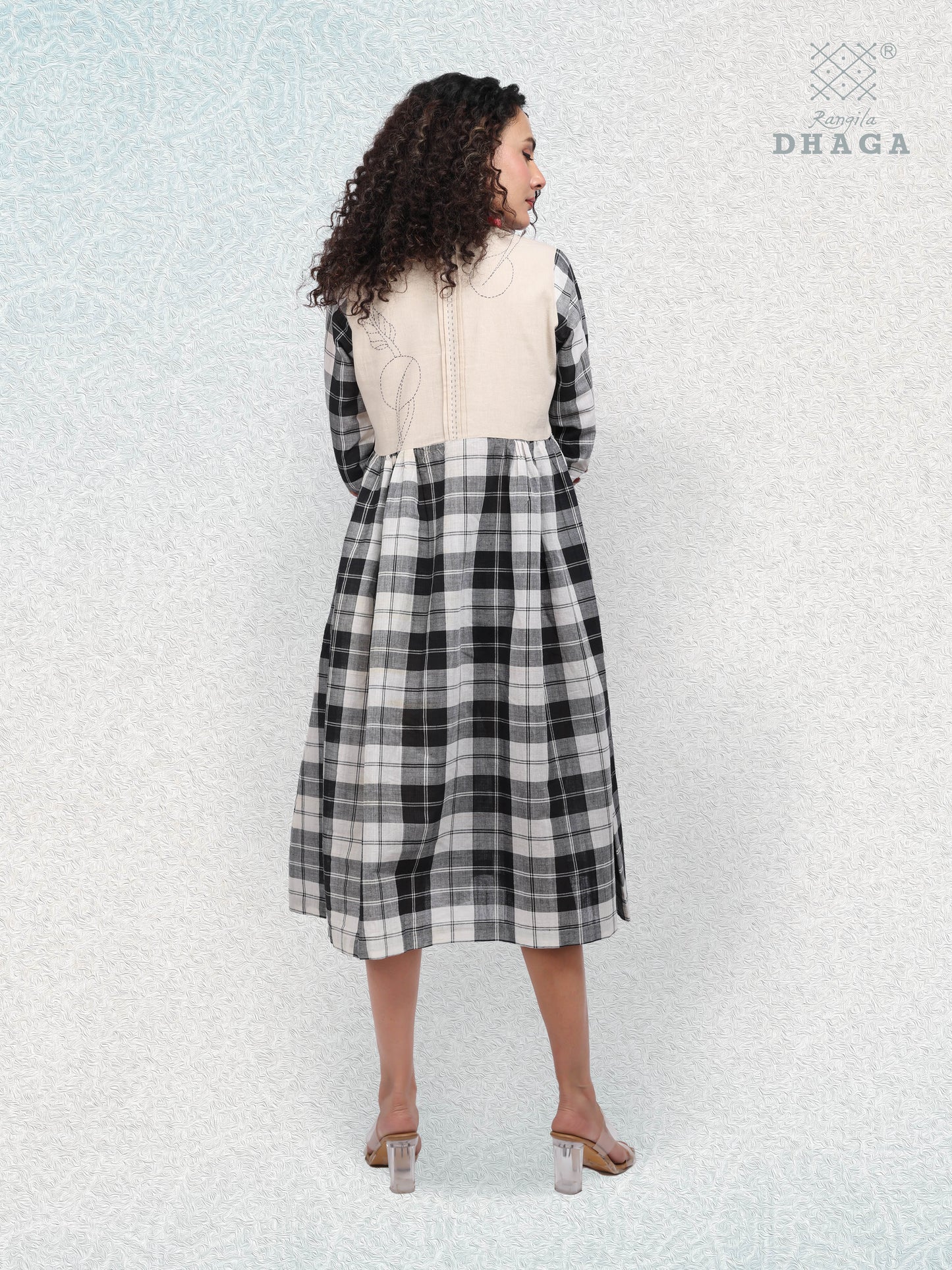 Monochrome Charm – Handloom Checkered Cotton Dress with Embroidered Bird & Pockets D43