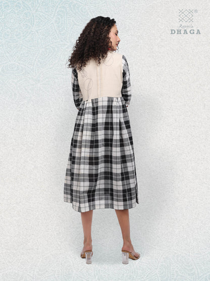 Monochrome Charm – Handloom Checkered Cotton Dress with Embroidered Bird & Pockets D43