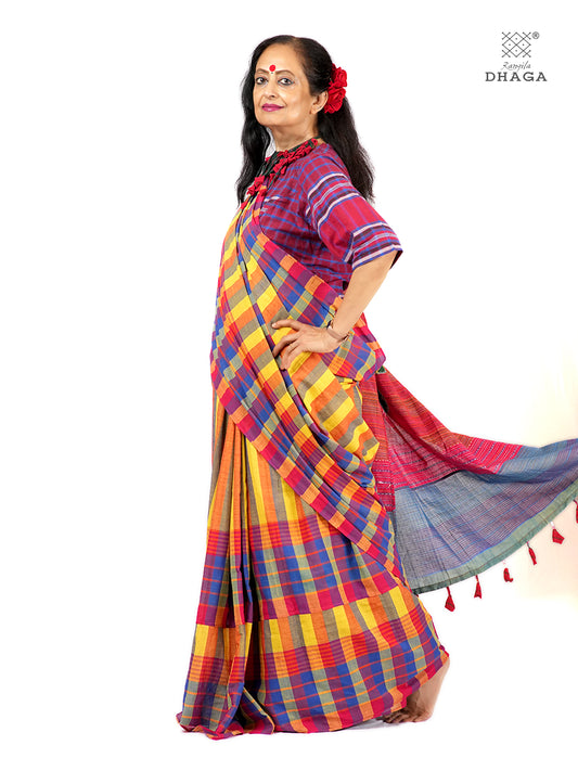 Hand Embroidered Kantha & Appliqué Bird Handloom Gamcha Patchwork Saree | Signature Design by Kalpana Das | Rangila Dhaga| Includes Blouse Piece GS131