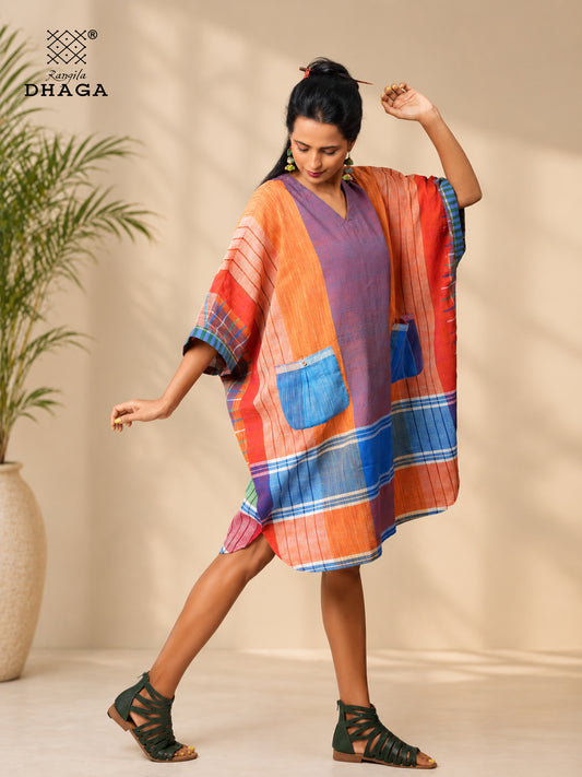 Handloom Gamcha Zero-Waste Baggy Kaftan Dress | Free Size Artisan Cotton Dress with Pockets K21