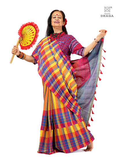 Hand Embroidered Kantha & Appliqué Bird Handloom Gamcha Patchwork Saree | Signature Design by Kalpana Das | Rangila Dhaga| Includes Blouse Piece GS131