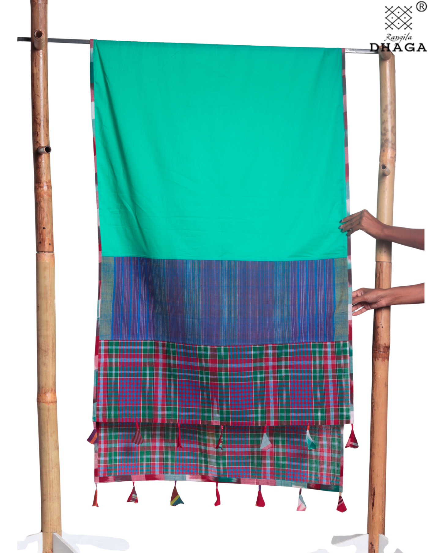 Rangila Dhaga Emerald Green Gamcha Dupatta  with Multicolor Checks & Tassels – Handwoven Cotton (2.5m)- GD007