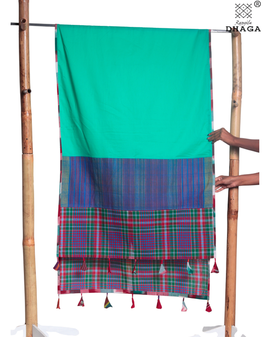 Rangila Dhaga Emerald Green Gamcha Dupatta  with Multicolor Checks & Tassels – Handwoven Cotton (2.5m)- GD007