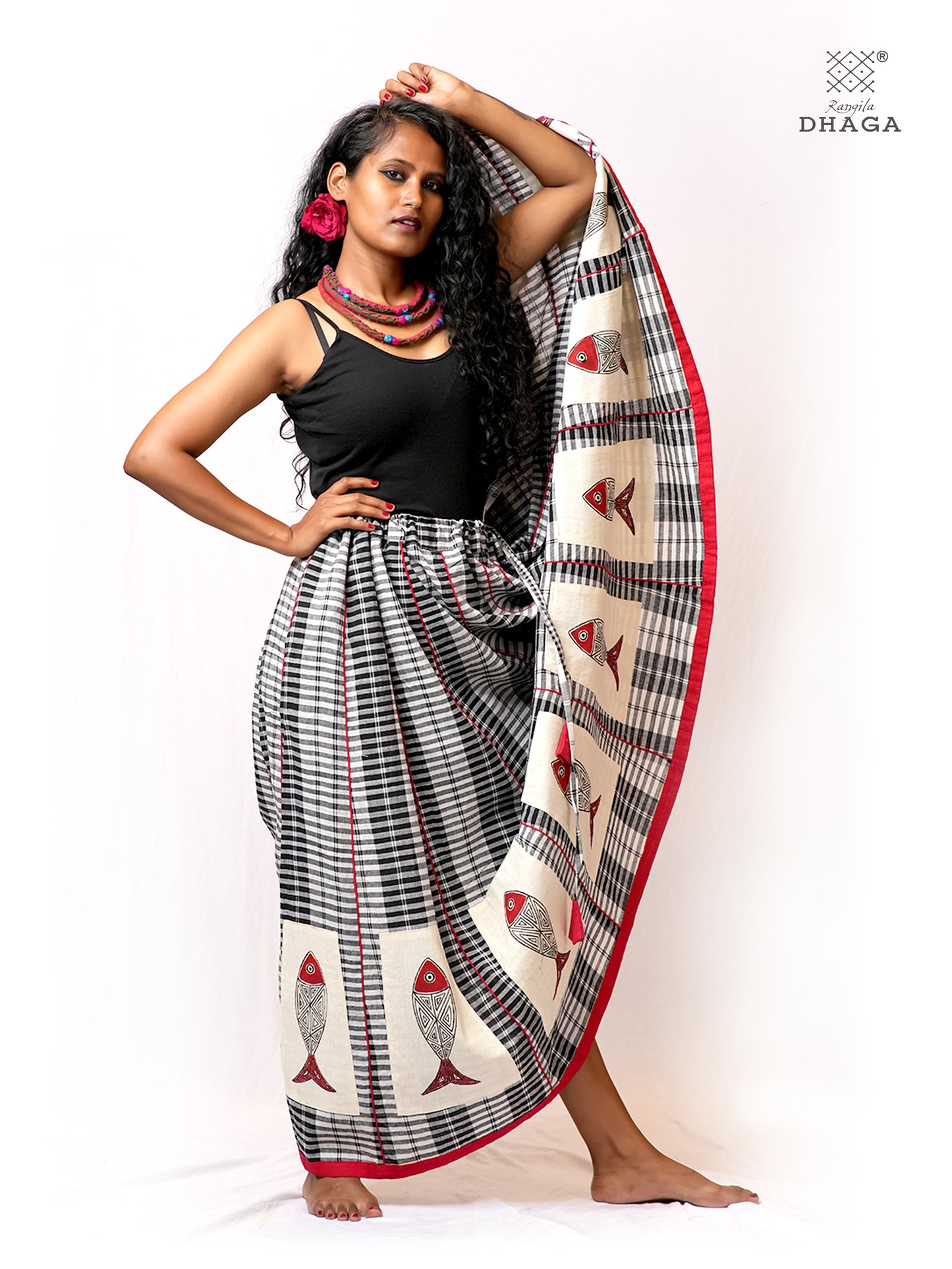 Hand-Painted Fish-Fishy Handloom Gamcha Circular Skirt | Adjustable Drawstring Waist | Side Pocket | - GS006