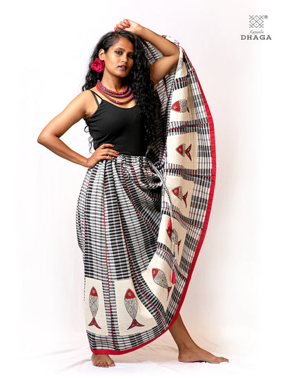 Hand-Painted Fish-Fishy Handloom Gamcha Circular Skirt | Adjustable Drawstring Waist | Side Pocket | - GS006