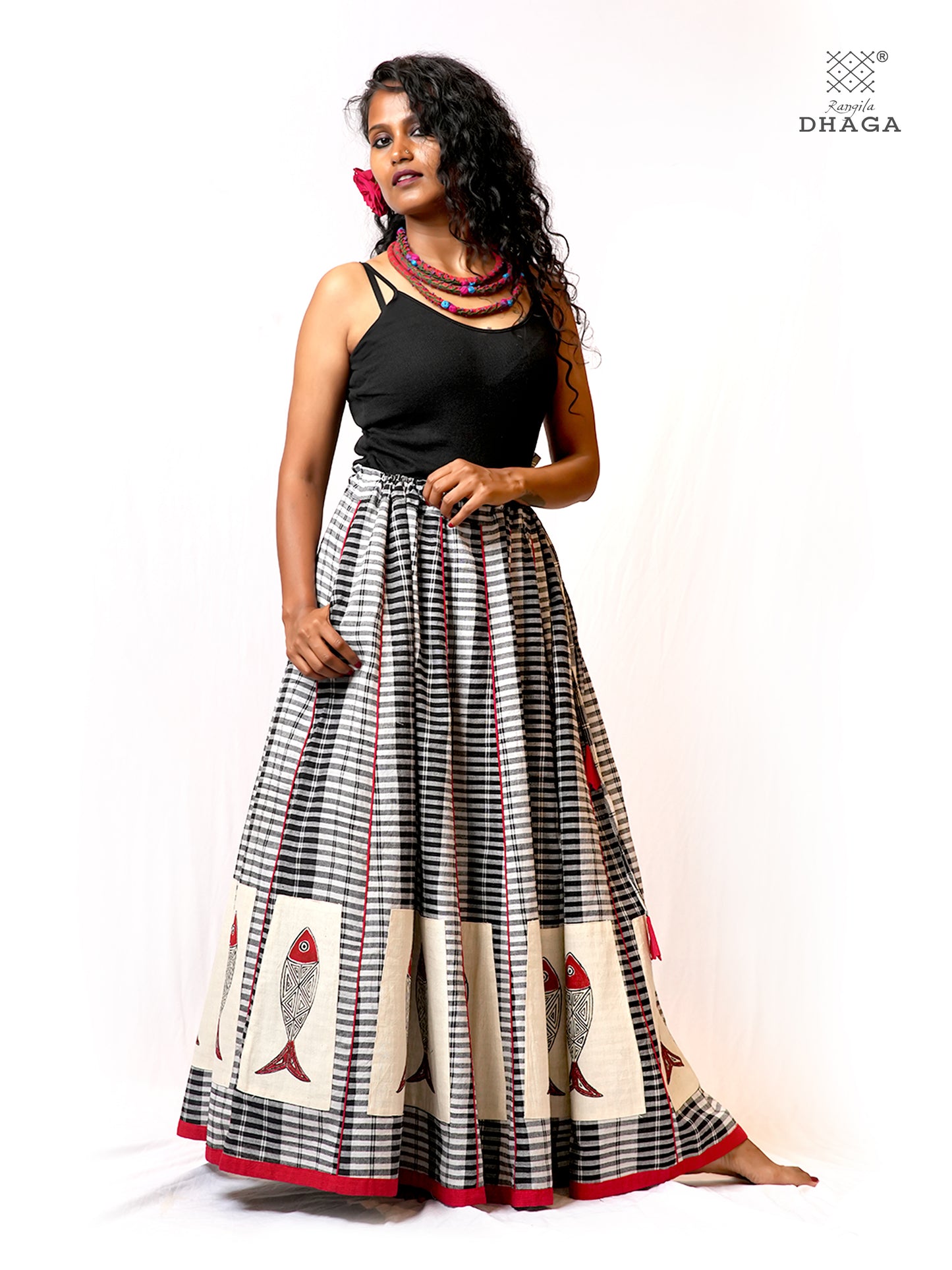 Hand-Painted Fish-Fishy Handloom Gamcha Circular Skirt | Adjustable Drawstring Waist | Side Pocket | - GS006