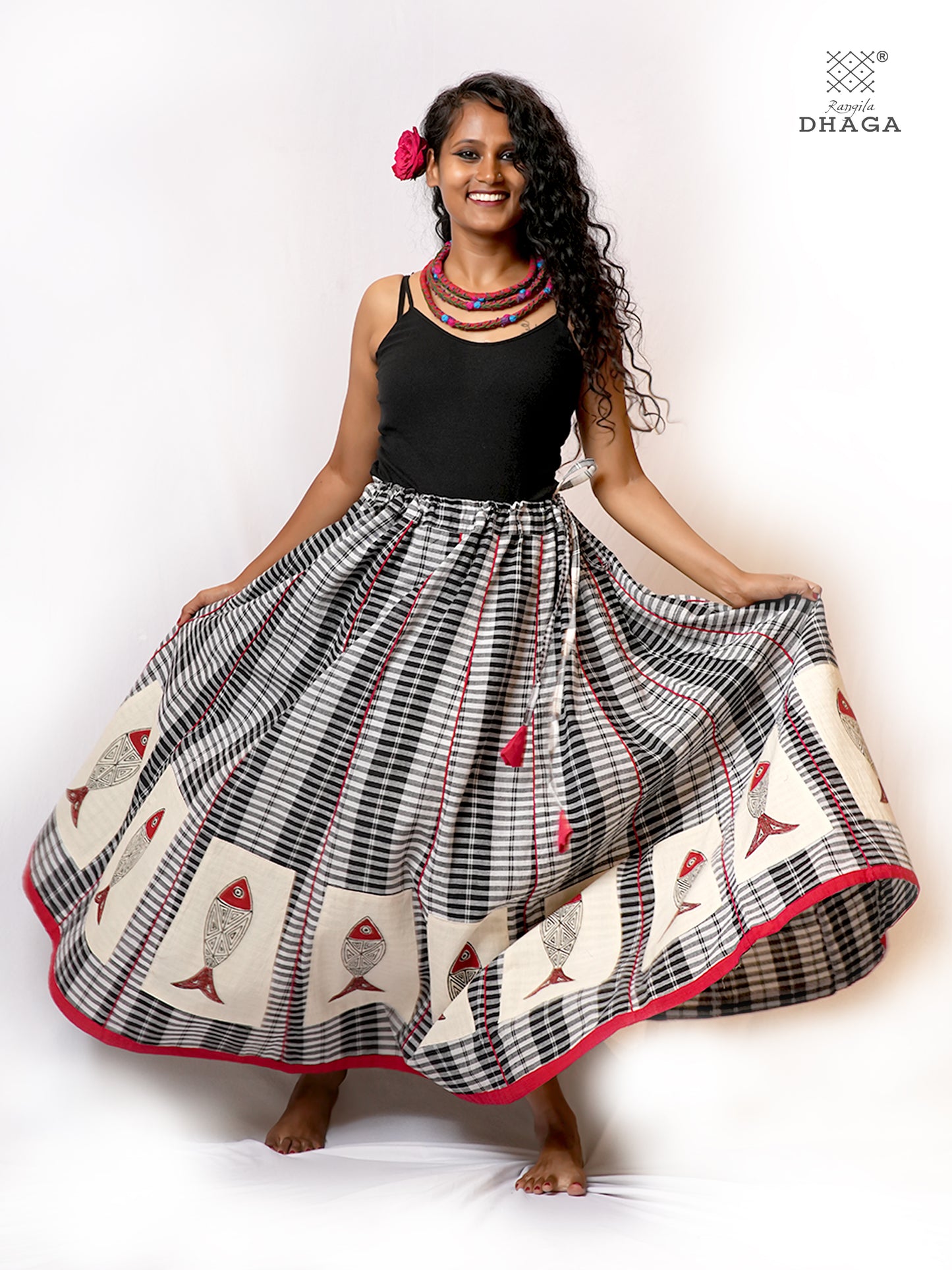 Hand-Painted Fish-Fishy Handloom Gamcha Circular Skirt | Adjustable Drawstring Waist | Side Pocket | - GS006
