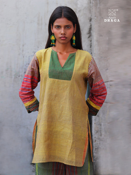Handloom Cotton Gamcha Co-ord Set for Women – Yellow-Green Striped Kurti with Lining and Relaxed Fit Pocket Pants -CODE02