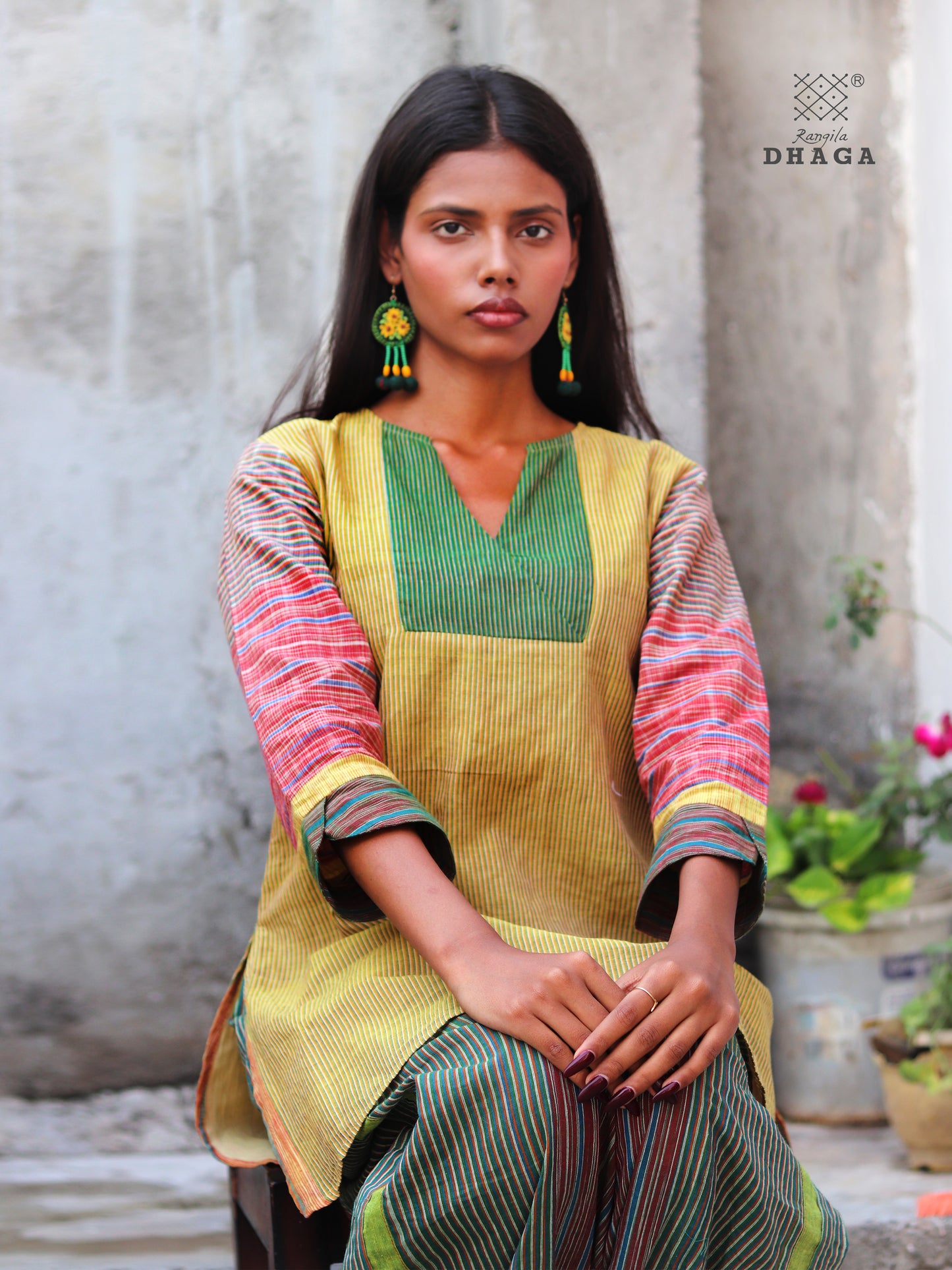 Handloom Cotton Gamcha Co-ord Set for Women – Yellow-Green Striped Kurti with Lining and Relaxed Fit Pocket Pants -CODE02