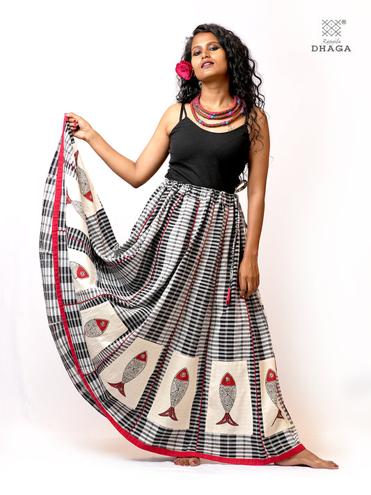 Hand-Painted Fish-Fishy Handloom Gamcha Circular Skirt | Adjustable Drawstring Waist | Side Pocket | - GS006