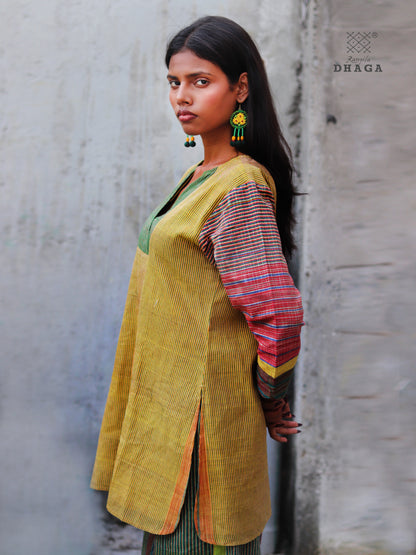 Handloom Cotton Gamcha Co-ord Set for Women – Yellow-Green Striped Kurti with Lining and Relaxed Fit Pocket Pants -CODE02
