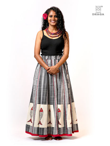 Hand-Painted Fish-Fishy Handloom Gamcha Circular Skirt | Adjustable Drawstring Waist | Side Pocket | - GS006