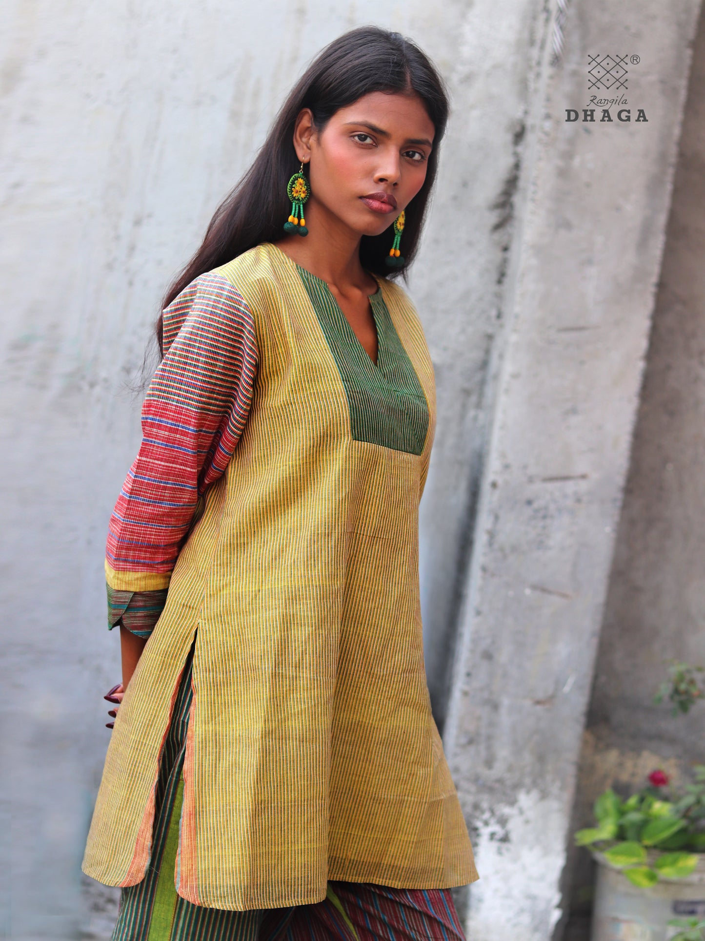 Handloom Cotton Gamcha Co-ord Set for Women – Yellow-Green Striped Kurti with Lining and Relaxed Fit Pocket Pants -CODE02