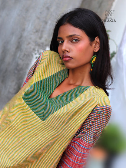 Handloom Cotton Gamcha Co-ord Set for Women – Yellow-Green Striped Kurti with Lining and Relaxed Fit Pocket Pants -CODE02