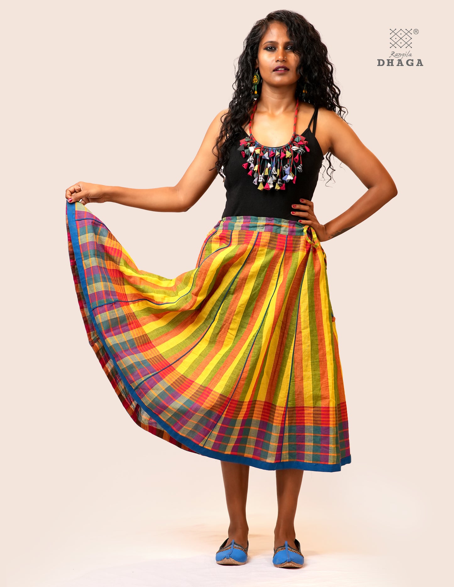 Handloom Gamcha Pleated  Skirt  | Multicolor | Rangila Dhaga   - GS002