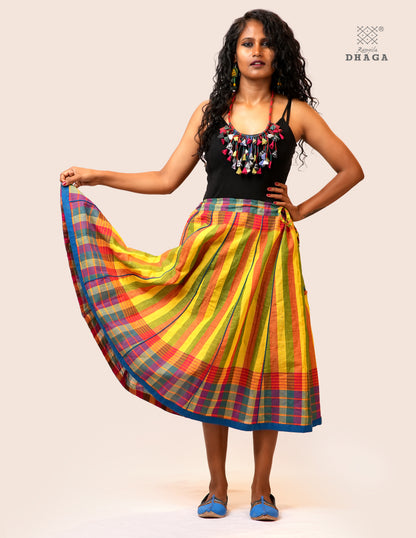 Handloom Gamcha Pleated  Skirt  | Multicolor | Rangila Dhaga   - GS002