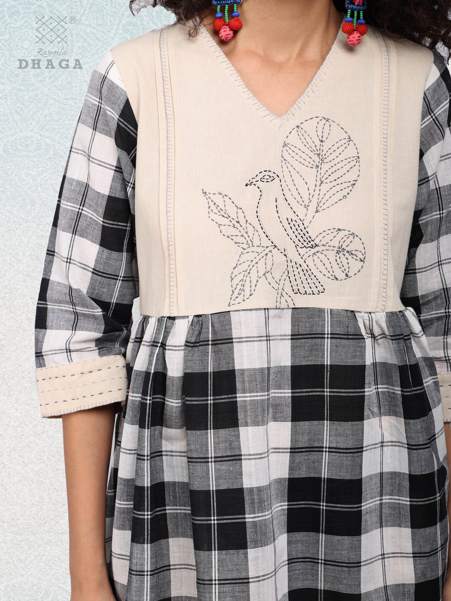 Monochrome Charm – Handloom Checkered Cotton Dress with Embroidered Bird & Pockets D43