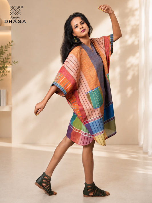 Handloom Gamcha Zero-Waste Baggy Kaftan Dress | Free Size Artisan Cotton Dress with Pockets K20