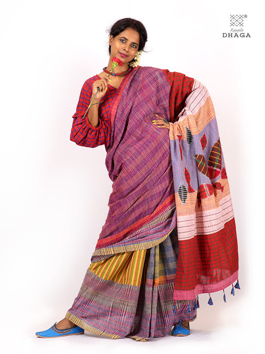 Hand-Embroidered Fish-Fishy Handloom Gamcha Patchwork Kantha Stitch Saree |  Includes Blouse Piece GS127