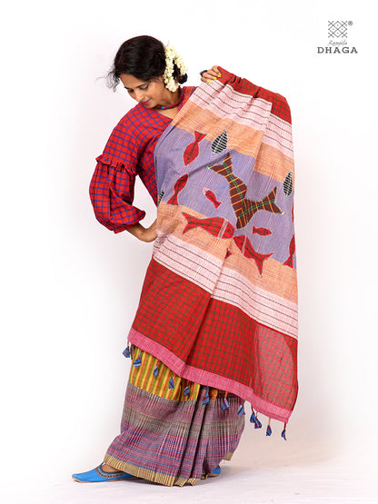 Hand-Embroidered Fish-Fishy Handloom Gamcha Patchwork Kantha Stitch Saree |  Includes Blouse Piece GS127