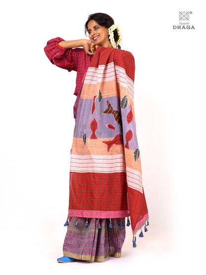 Hand-Embroidered Fish-Fishy Handloom Gamcha Patchwork Kantha Stitch Saree |  Includes Blouse Piece GS127