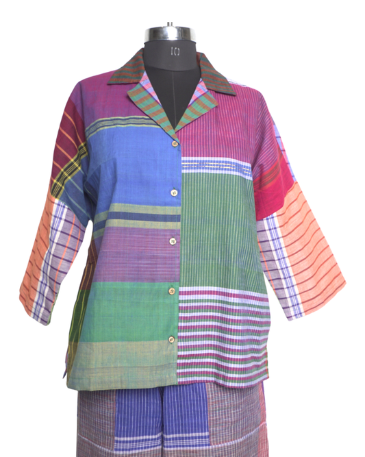 Women’s Oversized Gamcha Cotton Jacket | Handloom Front Open Top – Rangila Dhaga