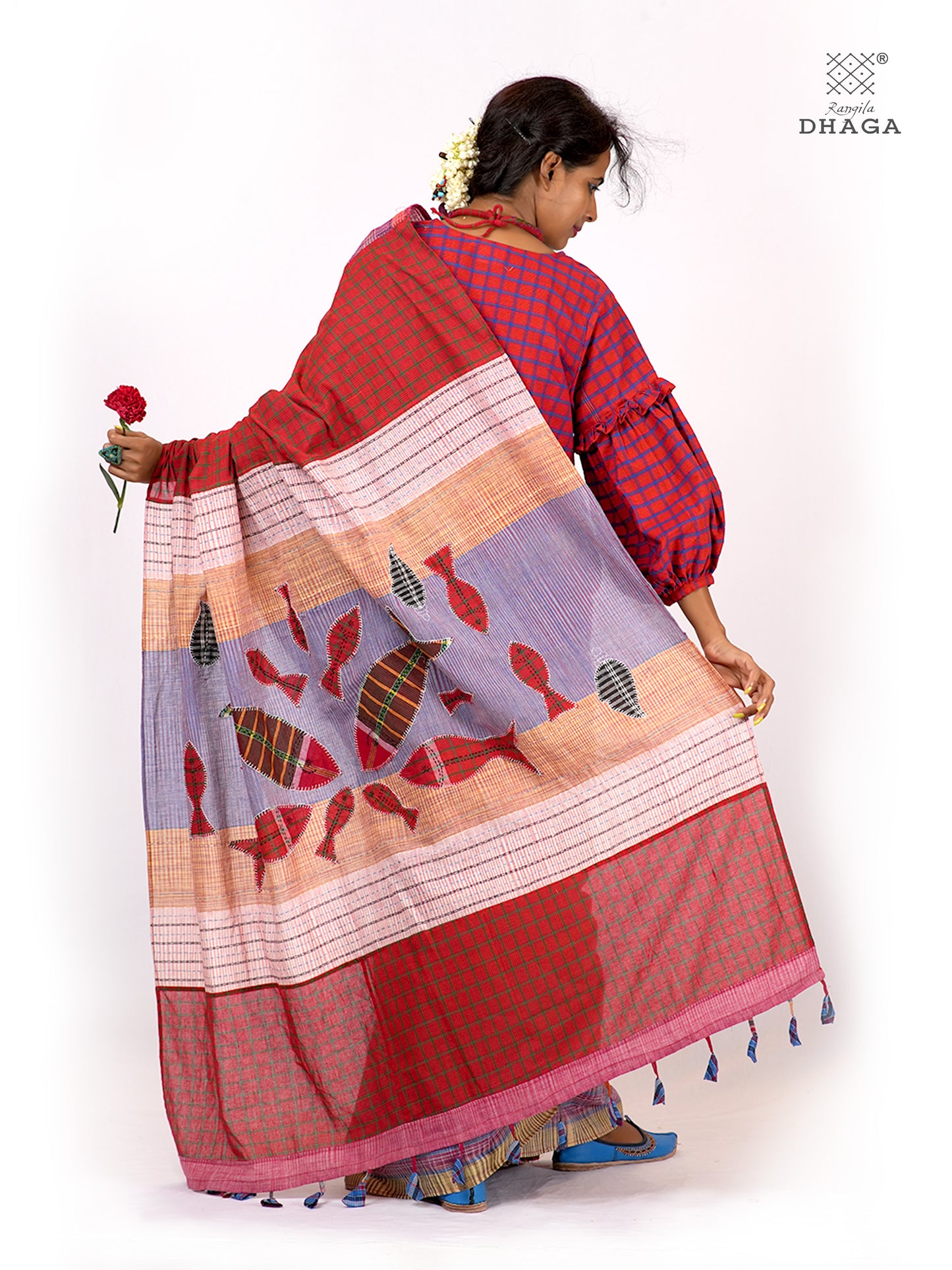 Hand-Embroidered Fish-Fishy Handloom Gamcha Patchwork Kantha Stitch Saree |  Includes Blouse Piece GS127