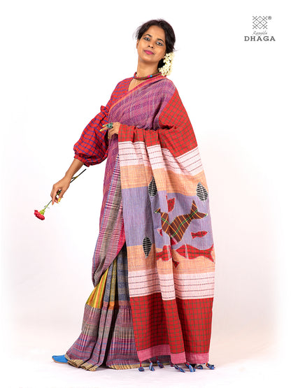 Hand-Embroidered Fish-Fishy Handloom Gamcha Patchwork Kantha Stitch Saree |  Includes Blouse Piece GS127