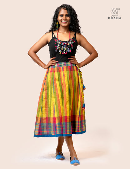 Handloom Gamcha Pleated  Skirt  | Multicolor | Rangila Dhaga   - GS002