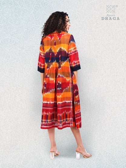 Hand-Embroidered Multicolor Gamcha Cotton Dress – Kotki (ikkat)  2 Pockets Red D45