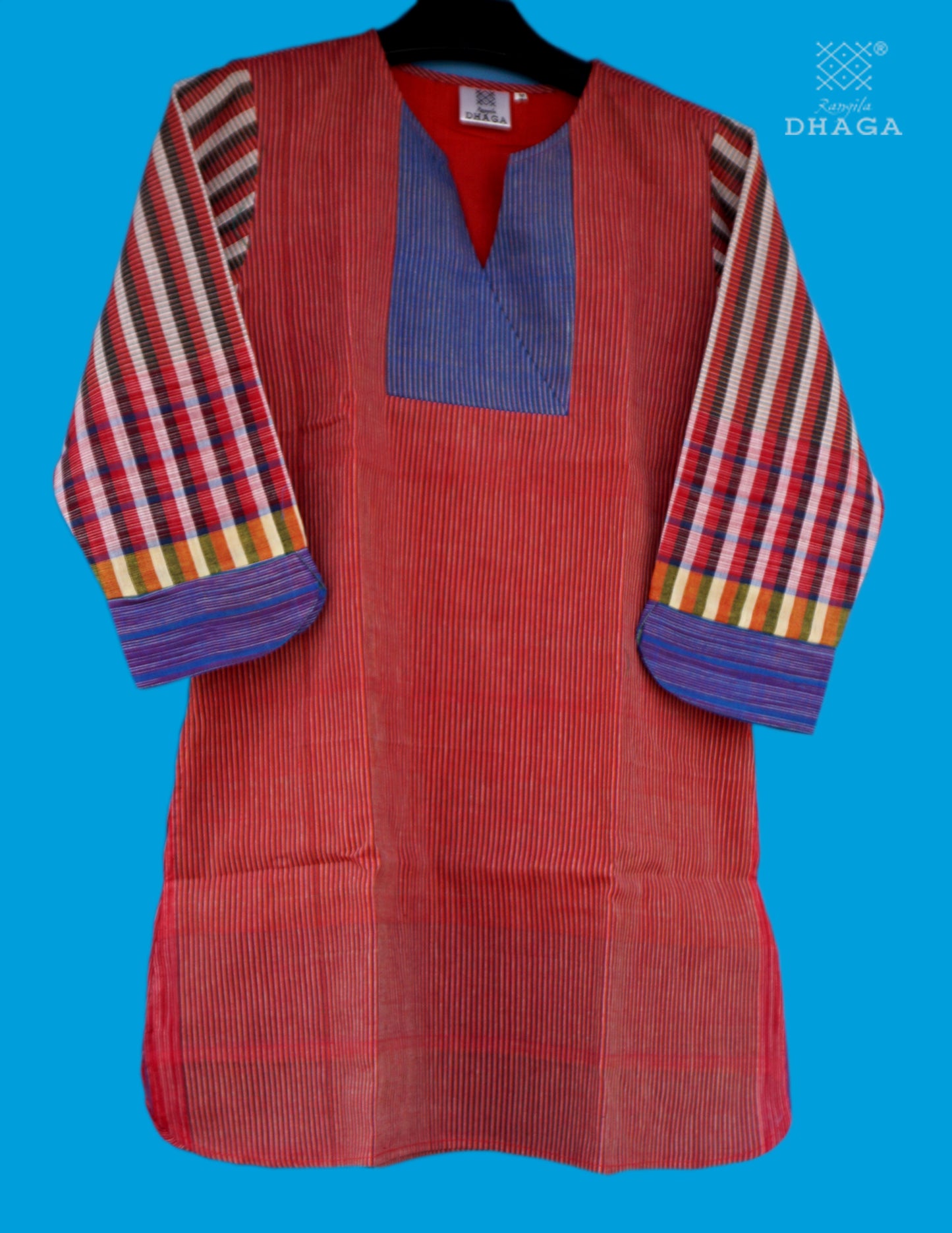 Handloom Cotton Gamcha Co-ord Set for Women – Red & Blue Striped Kurti with Lining and Relaxed Fit Pocket Pants - CODE05