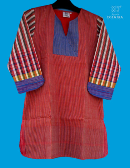 Handloom Cotton Gamcha Co-ord Set for Women – Red & Blue Striped Kurti with Lining and Relaxed Fit Pocket Pants - CODE05
