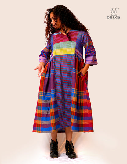 Hand Embroidered Multicolor Handloom Gamcha Dress | Artisan Cotton Dress | Rangila Dhaga | Rangila Dhaga KD002