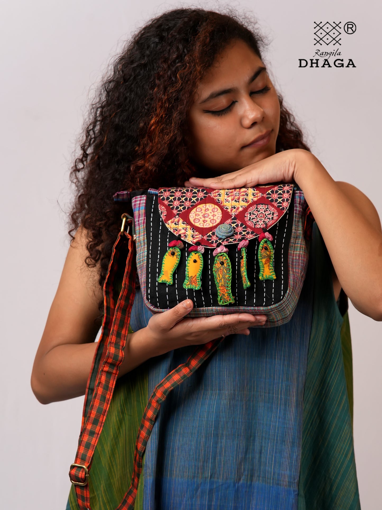 Handcrafted Ajrakh & Gamcha Fish Tassle Sling Bag | Adjustable Strap | Kantha Stitch | Handmade Cotton Crossbody Bag SL32