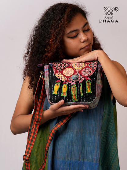 Handcrafted Ajrakh & Gamcha Fish Tassle Sling Bag | Adjustable Strap | Kantha Stitch | Handmade Cotton Crossbody Bag SL32