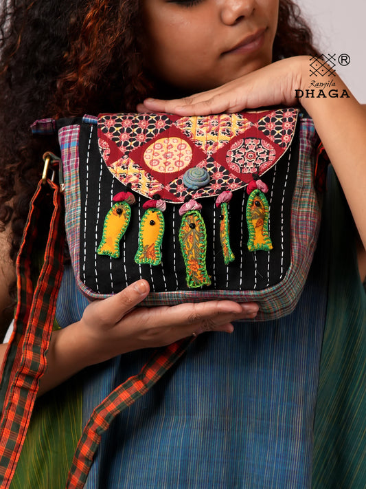 Handcrafted Ajrakh & Gamcha Fish Tassle Sling Bag | Adjustable Strap | Kantha Stitch | Handmade Cotton Crossbody Bag SL32