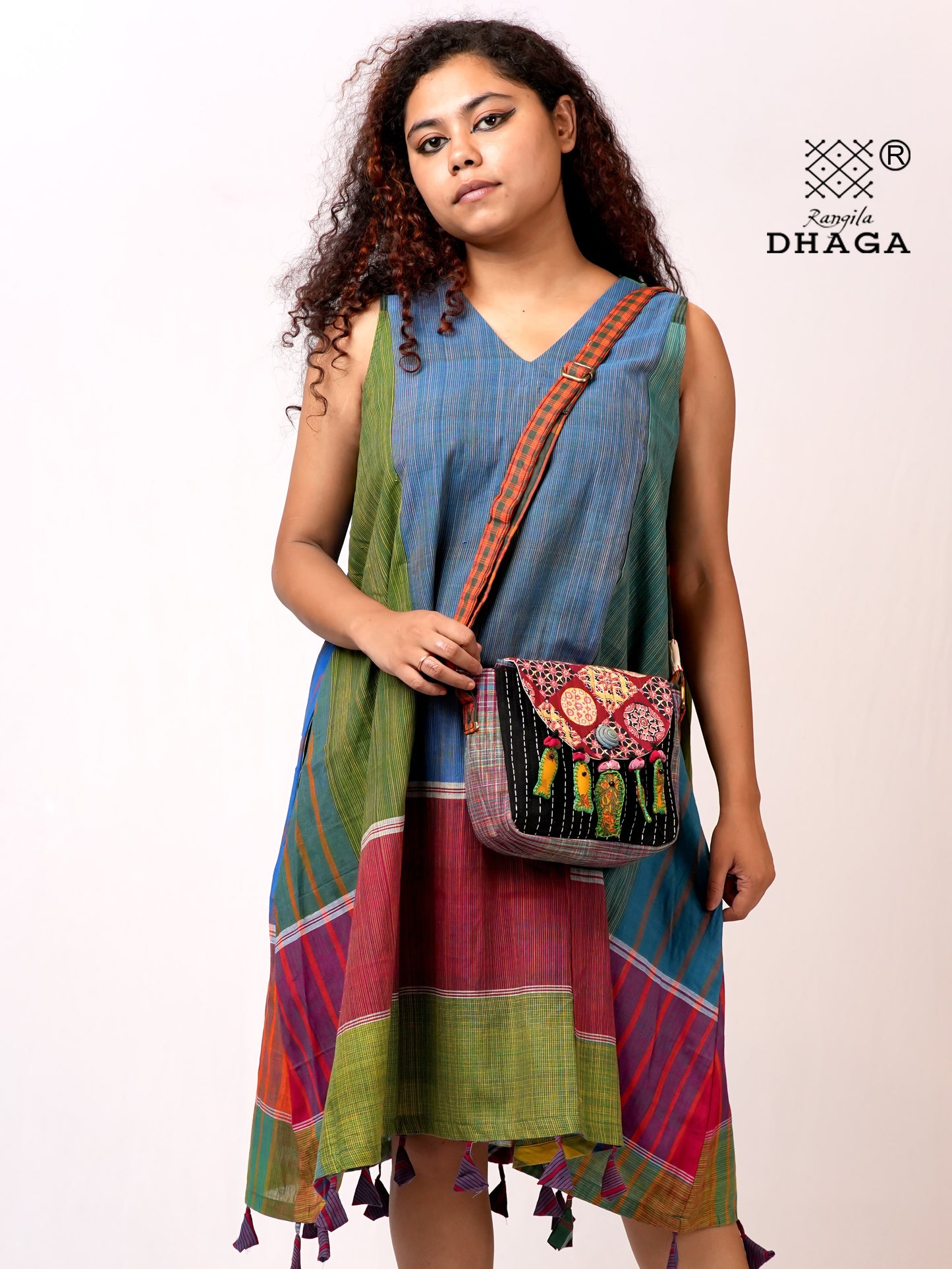 Handcrafted Ajrakh & Gamcha Fish Tassle Sling Bag | Adjustable Strap | Kantha Stitch | Handmade Cotton Crossbody Bag SL32