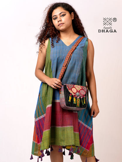 Handcrafted Ajrakh & Gamcha Fish Tassle Sling Bag | Adjustable Strap | Kantha Stitch | Handmade Cotton Crossbody Bag SL32