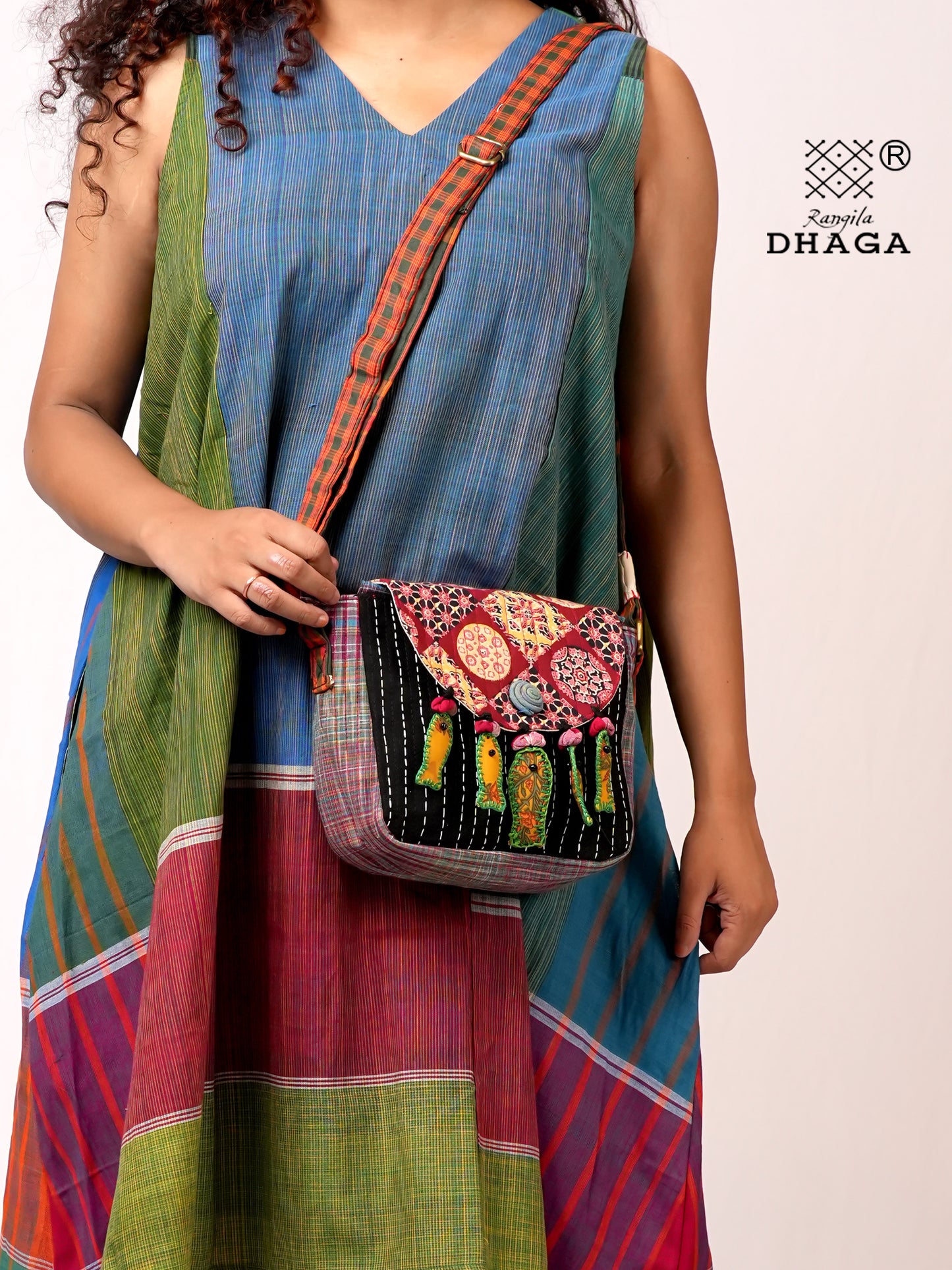 Handcrafted Ajrakh & Gamcha Fish Tassle Sling Bag | Adjustable Strap | Kantha Stitch | Handmade Cotton Crossbody Bag SL32