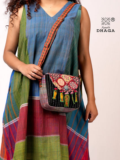 Handcrafted Ajrakh & Gamcha Fish Tassle Sling Bag | Adjustable Strap | Kantha Stitch | Handmade Cotton Crossbody Bag SL32