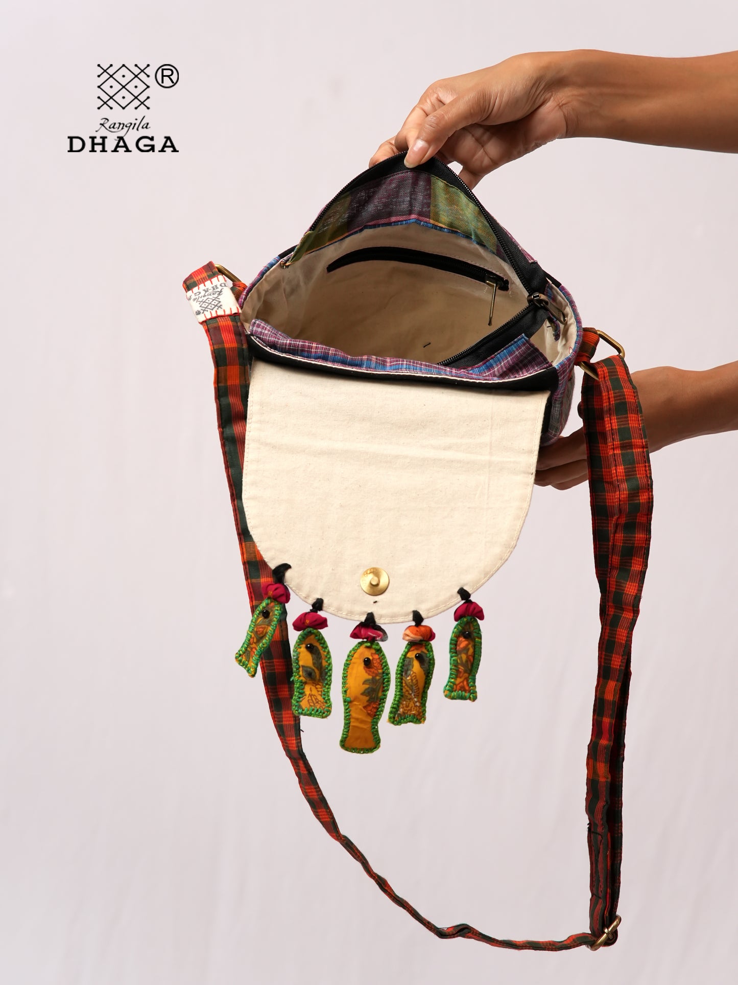 Handcrafted Ajrakh & Gamcha Fish Tassle Sling Bag | Adjustable Strap | Kantha Stitch | Handmade Cotton Crossbody Bag SL32