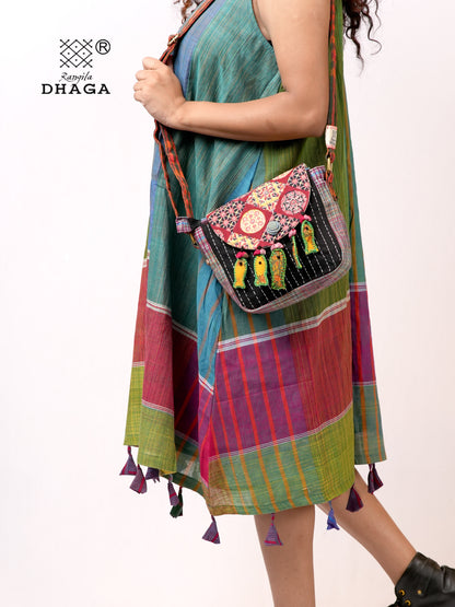 Handcrafted Ajrakh & Gamcha Fish Tassle Sling Bag | Adjustable Strap | Kantha Stitch | Handmade Cotton Crossbody Bag SL32