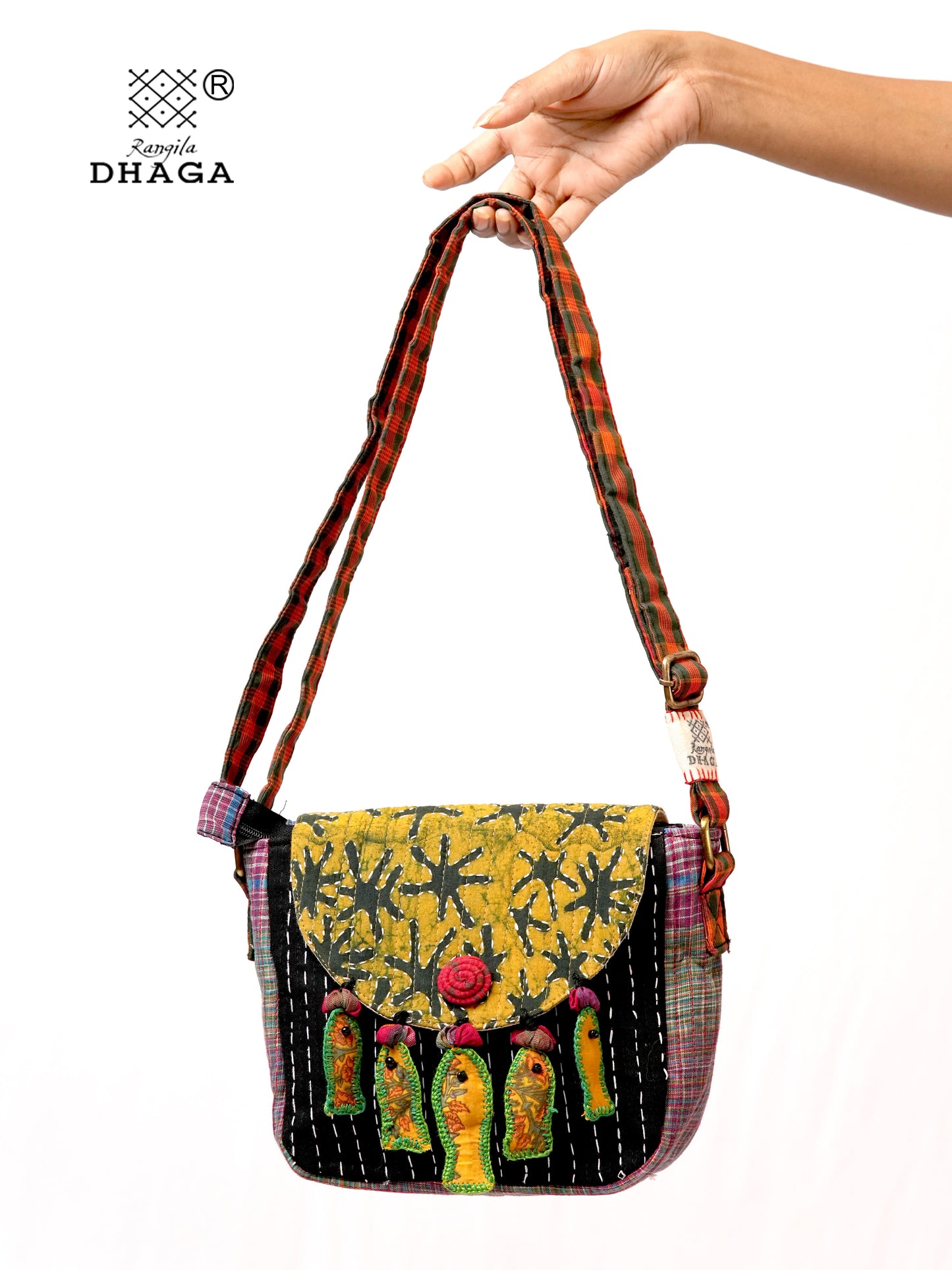 Handcrafted Ajrakh & Gamcha Fish Tassle Sling Bag | Adjustable Strap | Kantha Stitch | Handmade Cotton Crossbody Bag SL31