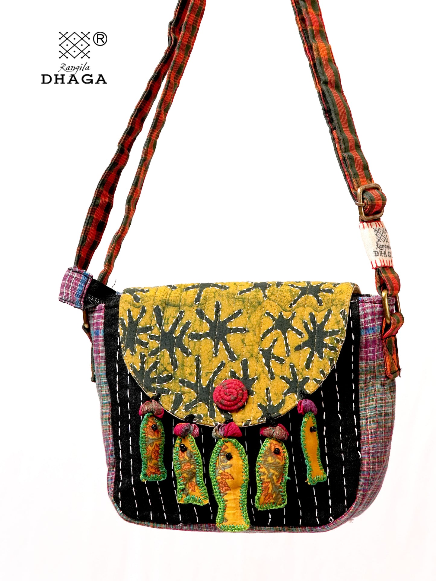 Handcrafted Ajrakh & Gamcha Fish Tassle Sling Bag | Adjustable Strap | Kantha Stitch | Handmade Cotton Crossbody Bag SL31