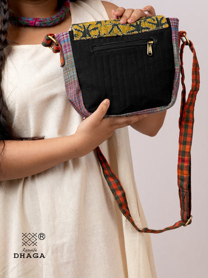 Handcrafted Ajrakh & Gamcha Fish Tassle Sling Bag | Adjustable Strap | Kantha Stitch | Handmade Cotton Crossbody Bag SL31