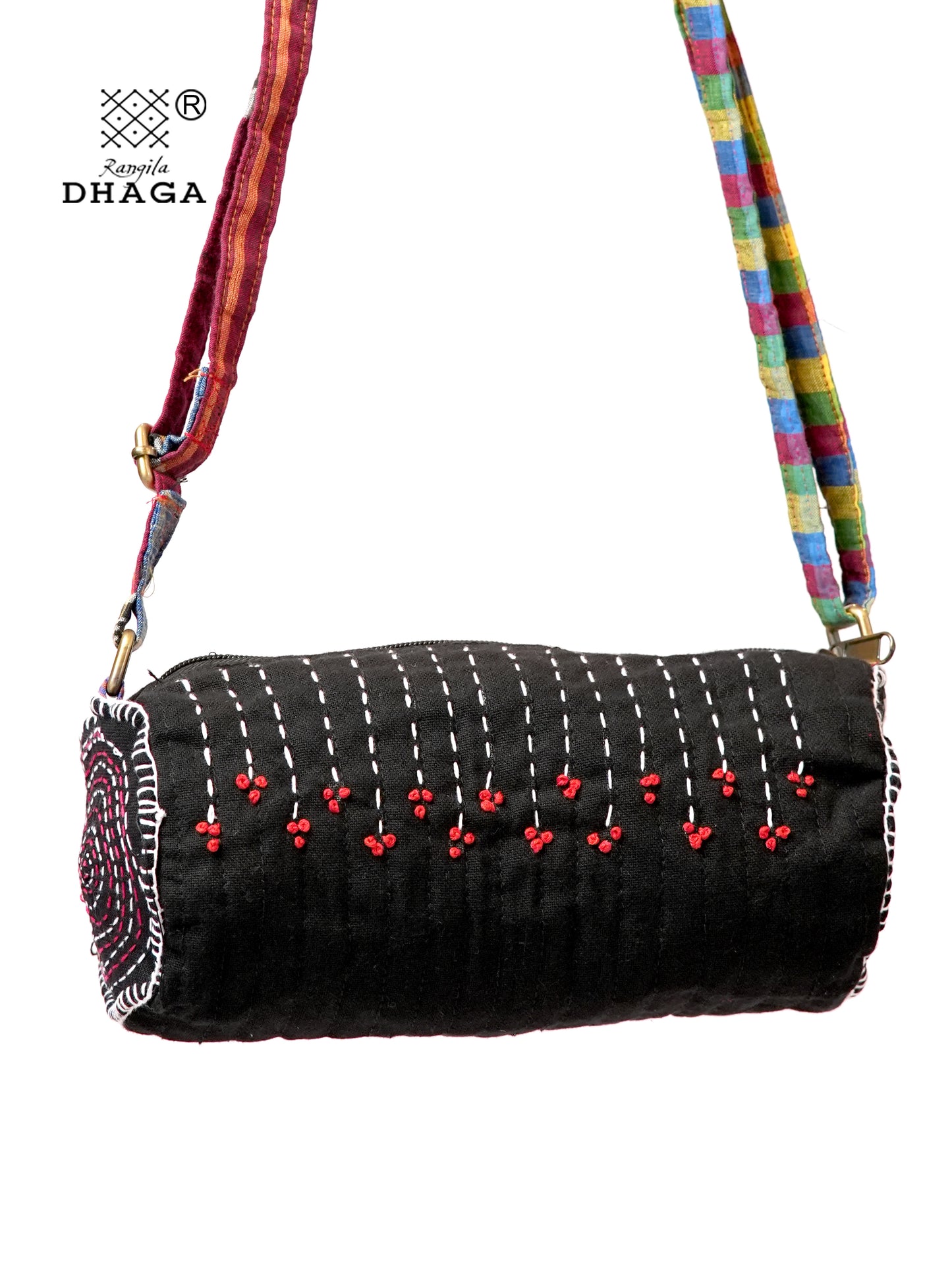 Hand-embroidered Dhol Sling Bag | Adjustable Gamcha Strap | Kantha Stitch | Handmade Cotton Crossbody Bag SL33