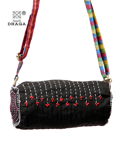 Hand-embroidered Dhol Sling Bag | Adjustable Gamcha Strap | Kantha Stitch | Handmade Cotton Crossbody Bag SL33