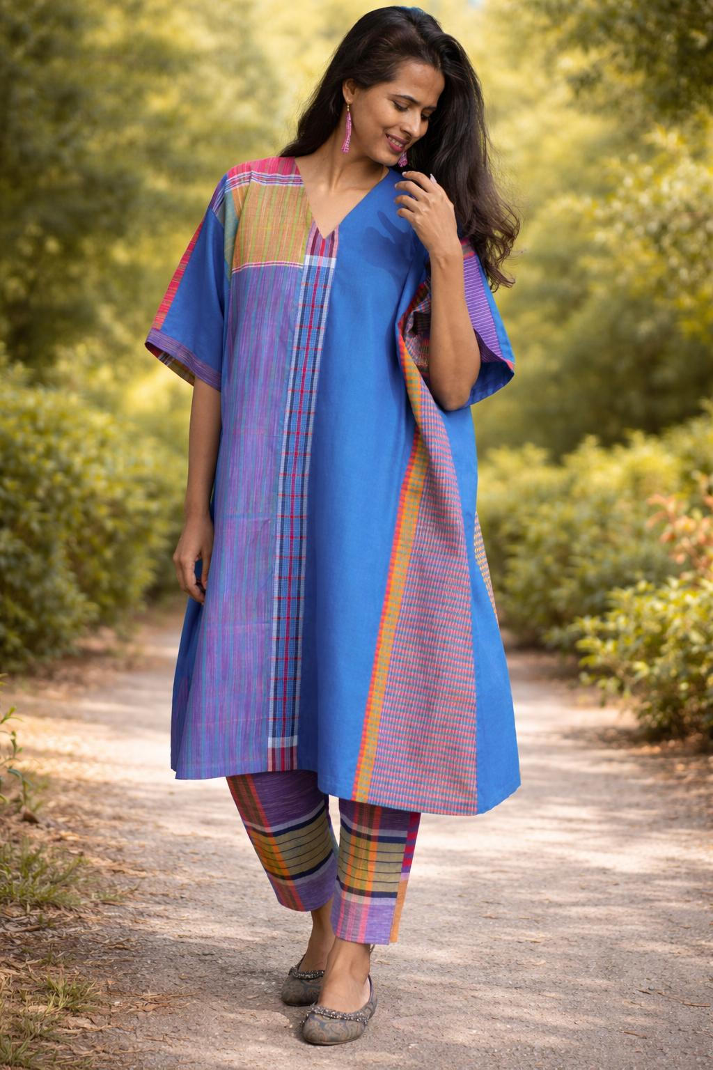 Handwoven Gamcha Patchwork Kurta | Indigo Blue Multicolor Cotton Tunic | Free Size D57