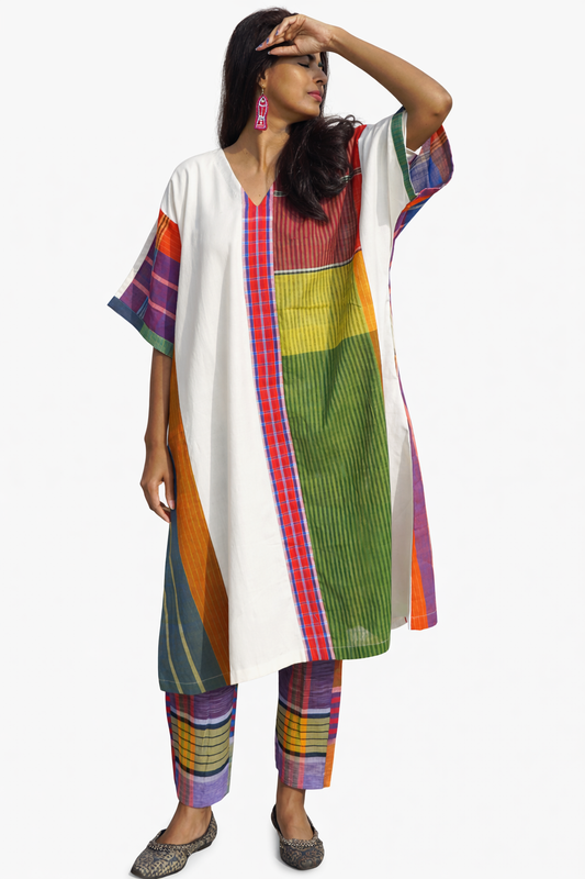 Kurta Dress for Women Free Size Gamcha Fashion Handloom Cotton Fabric White and Green Check D43