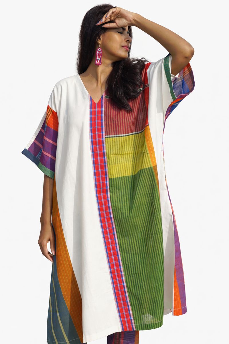 Kurta Dress for Women Free Size Gamcha Fashion Handloom Cotton Fabric White and Green Check D43